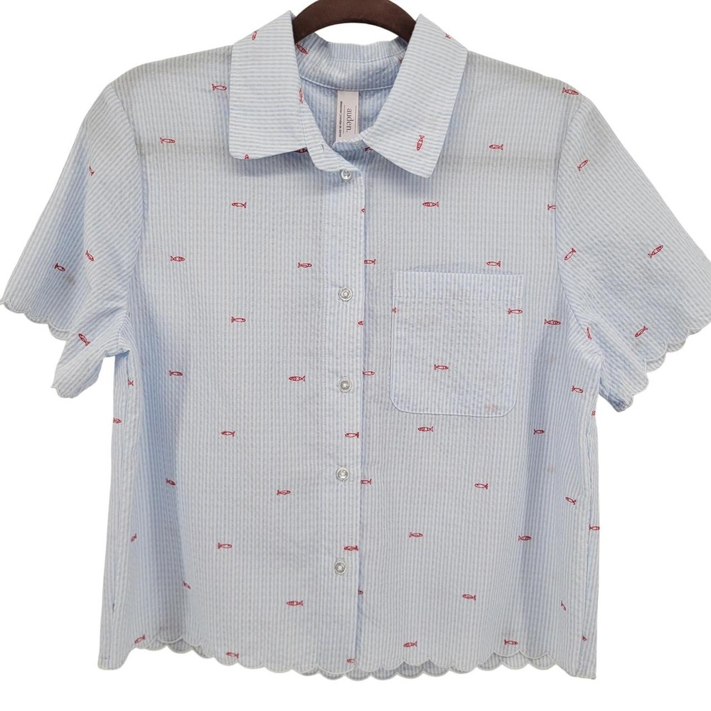 Auden Seersucker Button Down Shirt Blue White Stripe Red Fish Scalloped Top XS